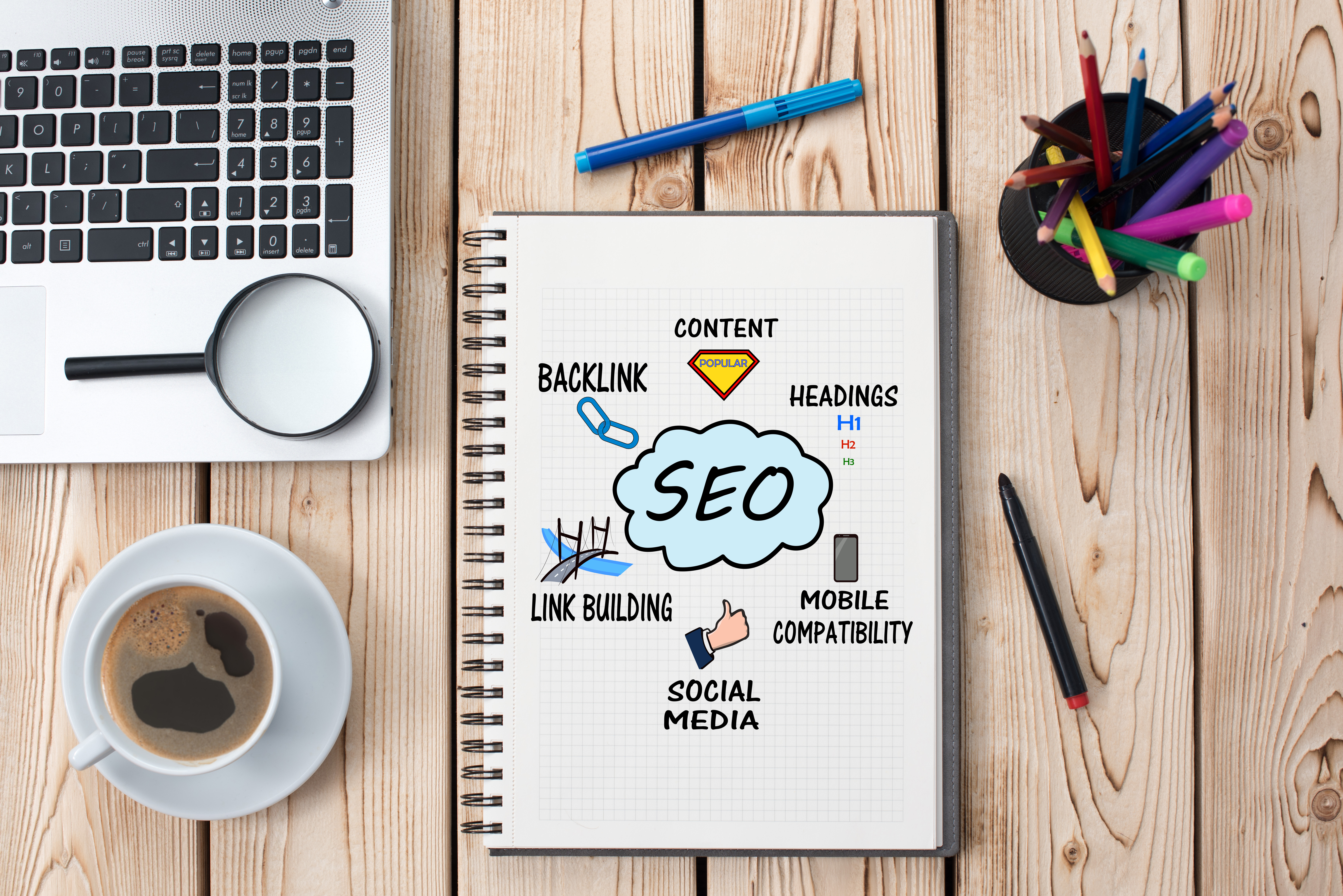 Overhead view of a desk containg a notebook with a brain storming chart of search engine optimization, including backlink, content, headings, mobile compatibility, and link building